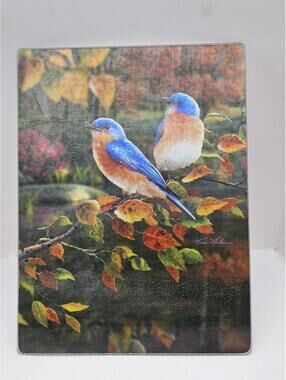 New in Box Tempered Glass Cutting Board K.C. Keller Bluebirds Countertop Art